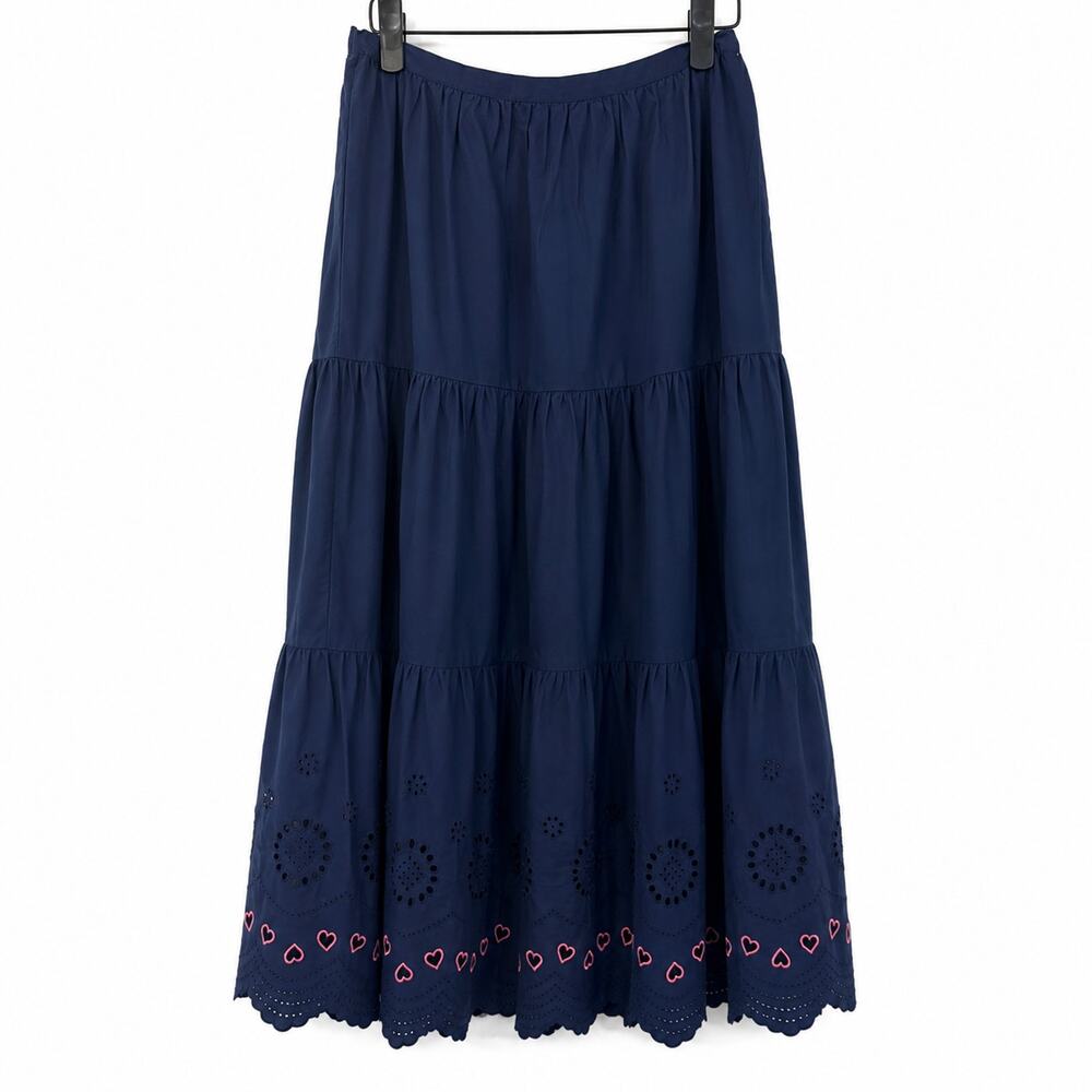 Kerri Rosenthal Gabrielle Eyelet Maxi Skirt Navy Pink Hearts Tiered Cotton L